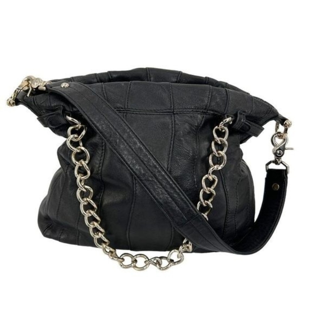 Junior Drake Black Italian Leather Gold Link Chain Slouchy Hobo Shoulder Bag
